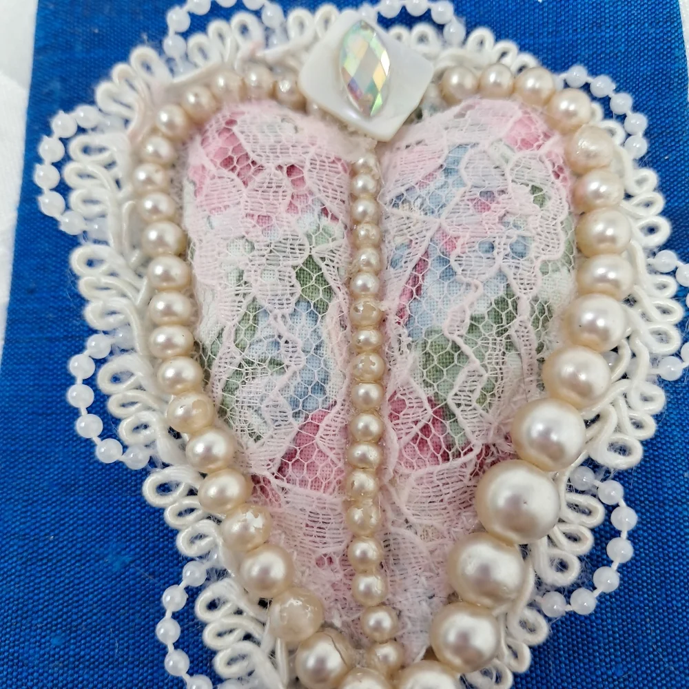 OOAK Handmade Textile Heart Flat Art Lace Pearls Silk